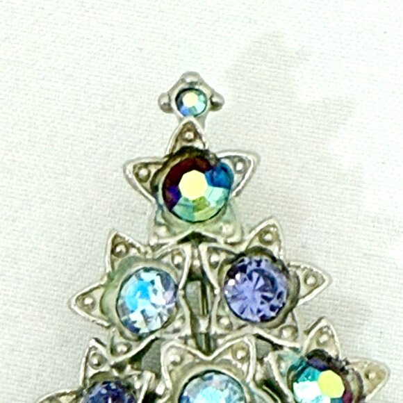 Vintage Christmas Tree Brooch/Pin Silver w/Shades of Blue/Purple Rhinestones - Picture 3 of 6